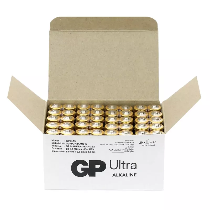 Pilhas alcalinas GP Battery Ultra AAA LR03 1,5V — pack de 40