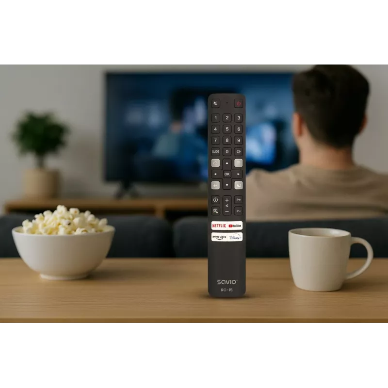 Comando à distância universal SAVIO RC-15 para TCL SMART TV, IR sem fios, preto, alcance 10 m