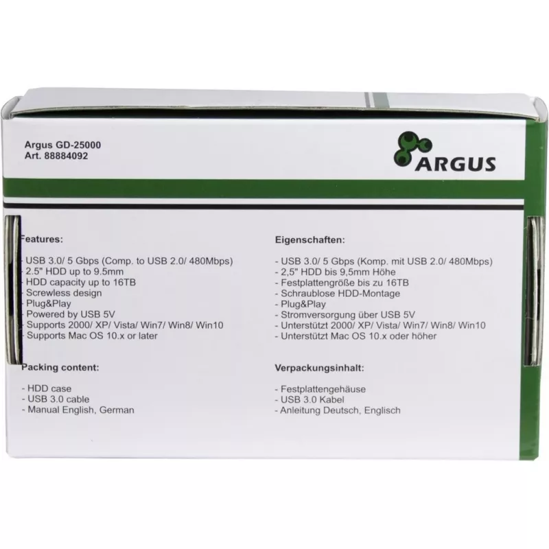 Caixa HDD Argus GD-25000, USB 3.0, transparente