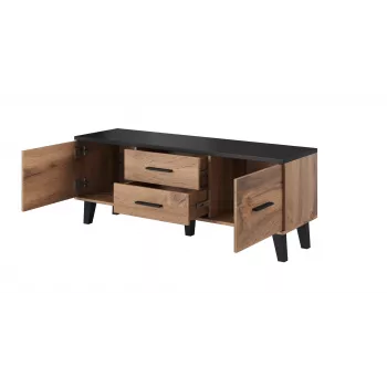 Móvel de TV Cama Meble LOTTA 140 cm — estrutura em carvalho wotan, tampo superior em aglomerado preto, 1400×400×530 mm