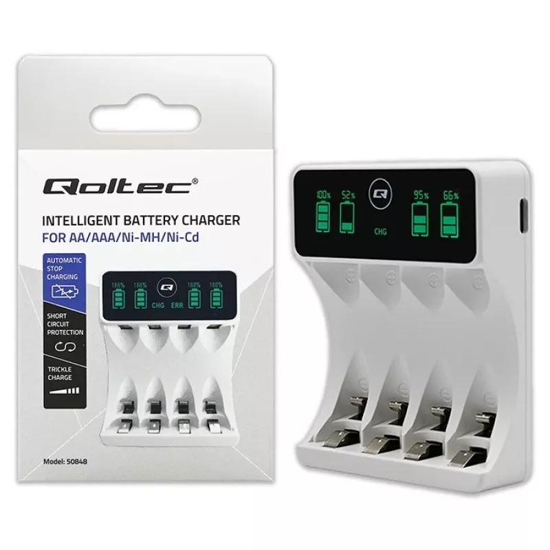 Carregador de bateria QOLTEC 50848 para células NiMH AAA (R03) e AA (R6) com visor LCD