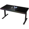 Secretária gaming de altura ajustável com motor duplo, função sentado/em pé, caixa de PC integrada, carregador sem fios, iluminação RGB, painel de controlo e portas USB, tampo em vidro temperado, preto.