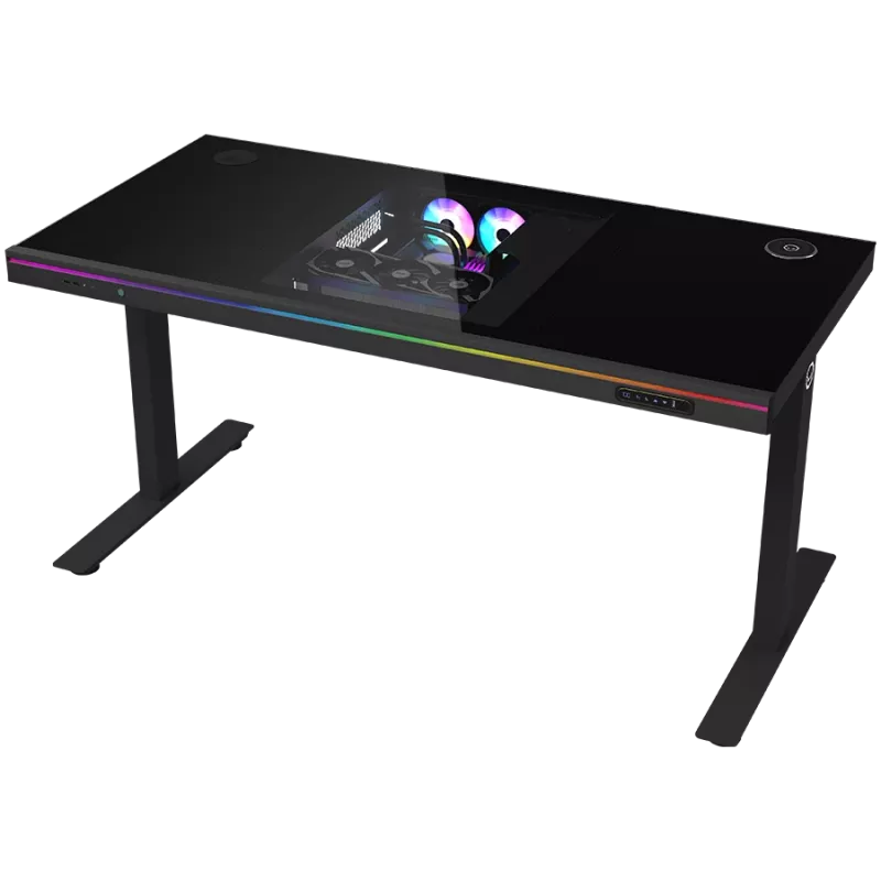 Secretária gaming de altura ajustável com motor duplo, função sentado/em pé, caixa de PC integrada, carregador sem fios, iluminação RGB, painel de controlo e portas USB, tampo em vidro temperado, preto.