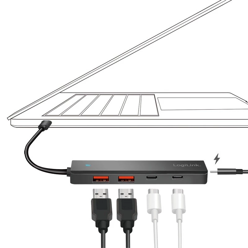 Hub USB-C, 4 portas 2x USB-A, 2x USB-C, preto