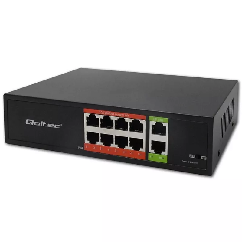 Switch de rede QOLTEC Fast Ethernet PoE 8xRJ45 com 2xRJ45 uplink
