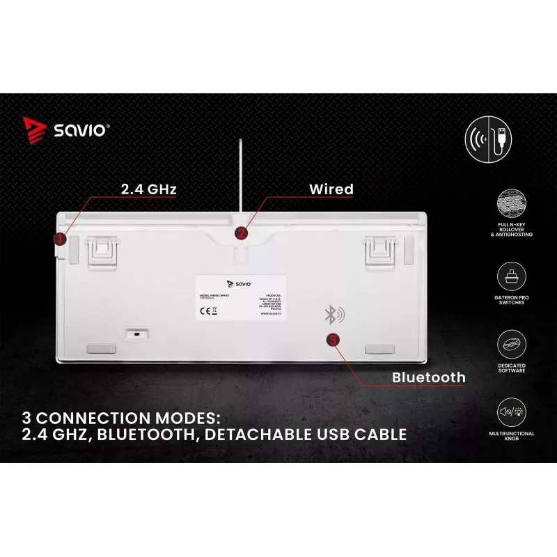 Teclado mecânico sem fios SAVIO PHENIX WHITE, Gateron Red Pro, ABS