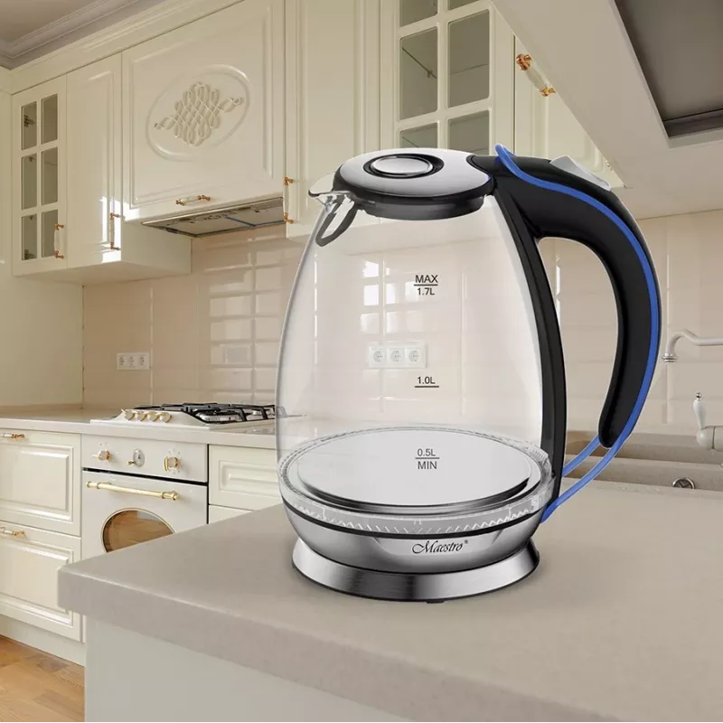 Chaleira Maestro MR-054, 1,7 l, 2200 W, caixa de vidro, retroiluminação azul, resistência oculta