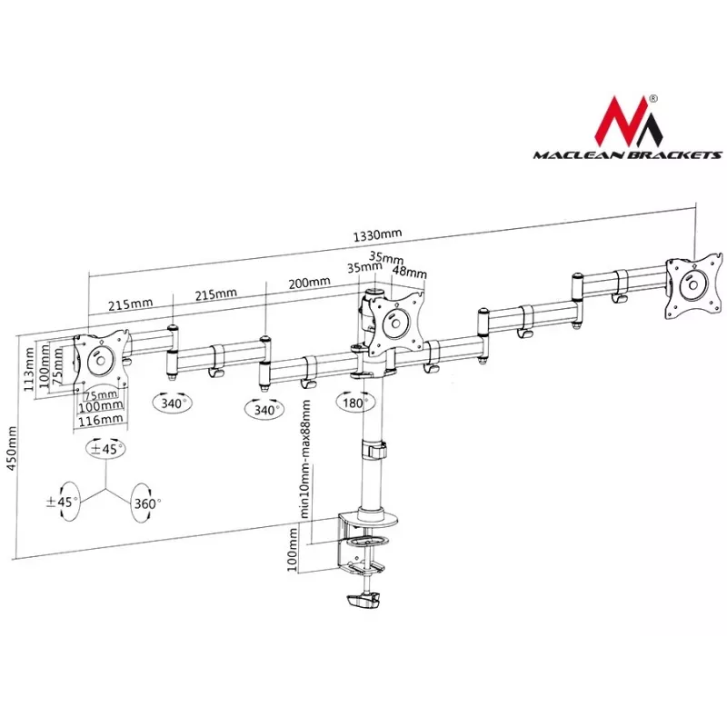 Suporte de mesa para monitor MACLEAN MC-691 para 3 monitores – ajustável em altura e inclinável