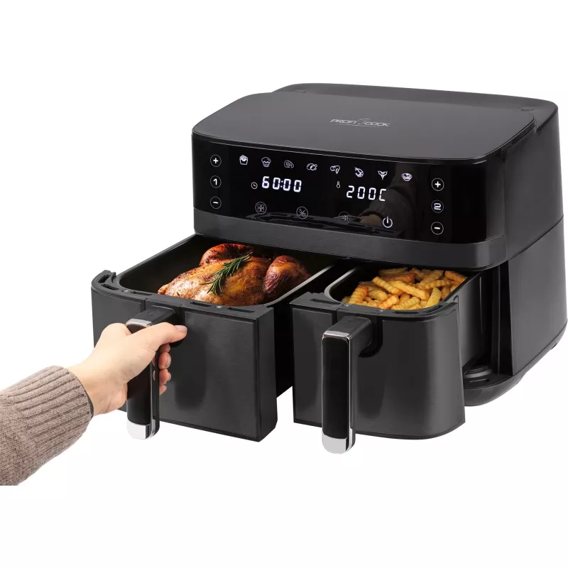 Fritadeira de ar quente dupla ProfiCook PCFR1295H — 2 recipientes (5,5 L + 3,5 L), 9,0 L no total, 2700 W, frente em aço inoxidável