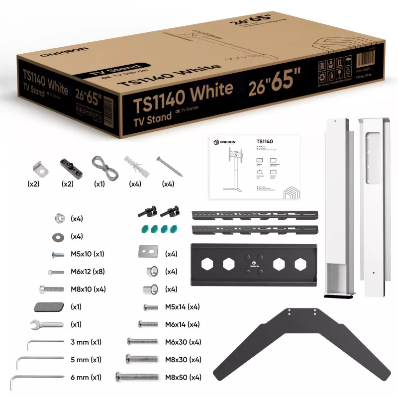 Suporte/base de TV ONKRON TS1140-W para ecrãs de 66–165,1 cm (26–65 polegadas), 35 kg, VESA 100x100–400x400, altura 880–1100 mm, branco
