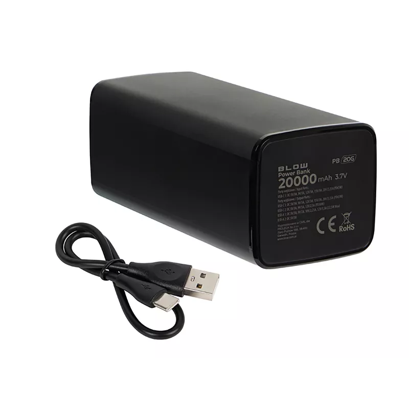 Powerbank portátil BLOW PB20G 20000mAh PD 65W, entrada/saída USB-C, 2 saídas USB-A, preto