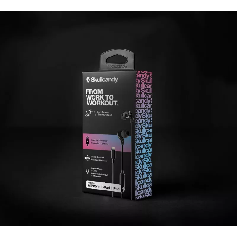 Skullcandy | Auscultadores desportivos | Conjunto | intra-auriculares | microfone | cancelamento de ruído | preto
