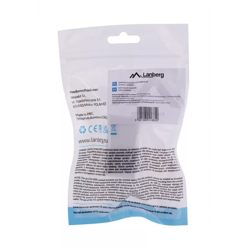 Lanberg AD-RJ45-RJ45-OU6 acoplador RJ45 Cat.6 UTP, branco