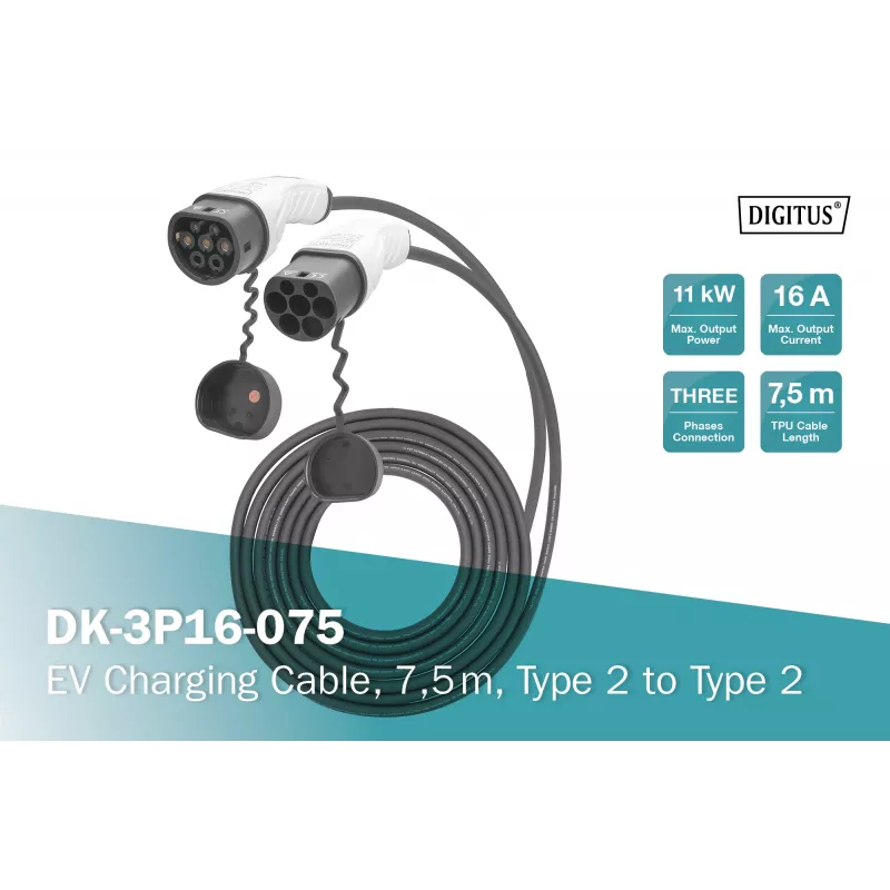 Cabo de carregamento EV Digitus 7,5 m Type 2 para Type 2 16 A 415 V