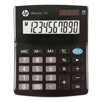 Calculadora de secretária HP OC 110 — LCD de 10 dígitos, pilha/solar, CR2032, 24 teclas, preto, 101×33×125 mm