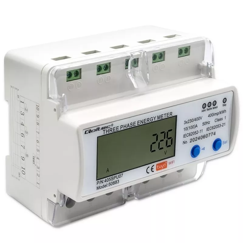 Contador de energia trifásico QOLTEC 50883 Wi‑Fi 400V com ecrã LCD