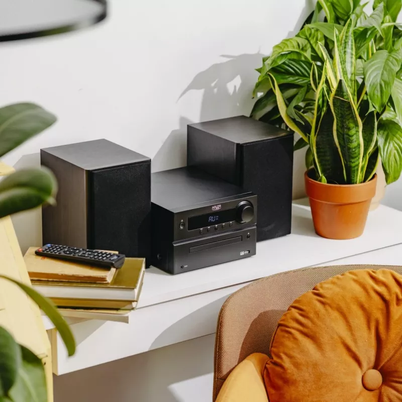 Mini sistema de alta fidelidade estéreo Adler AD 1917 — Bluetooth V5.3, CD/USB/MP3, 2×25 W RMS, sintonizador FM, equalizador de 4 bandas, AUX, preto