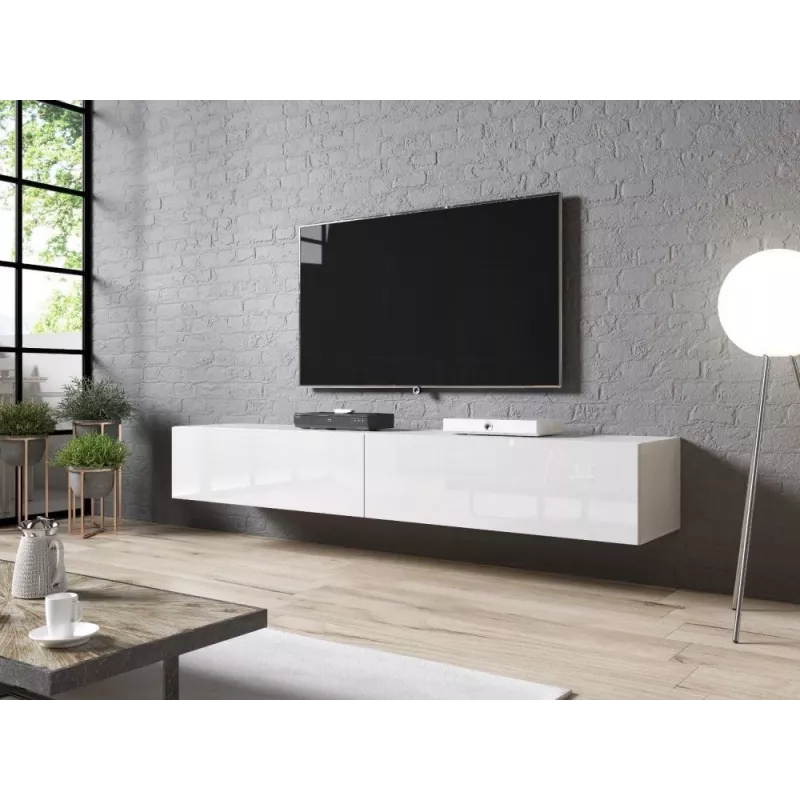 Suporte de TV cama meble SLIDE 200 — 2000×400×300 mm, placa MDF branca brilhante, estrutura branca