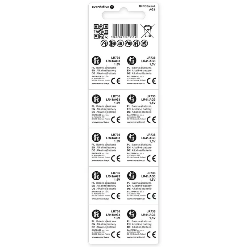 Pilha botão alcalina descartável everActive EVAG3 LR41 1,5 V – pack de 10