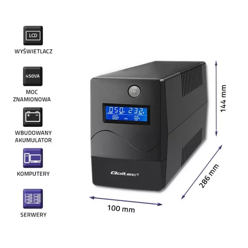 UPS Qoltec Monolith (fonte de alimentação ininterrupta) Dupla conversão (Online) 0,45 kVA 240 W 2 tomadas