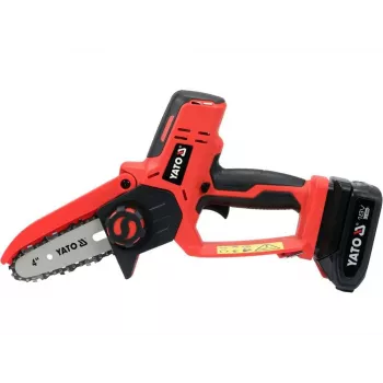 Motosserra a bateria YATO YT-828135 — 18V Li-Ion 2Ah, guia 10 cm, 3200 rpm, velocidade da corrente 4,8 m/s, 26 elos