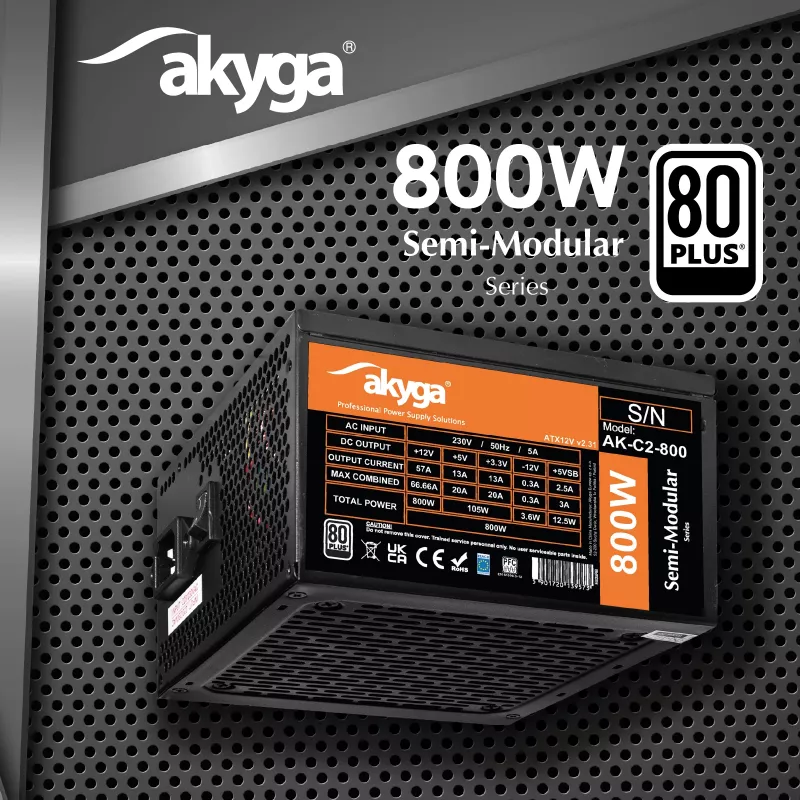 Fonte de alimentação ATX Akyga AK-C2-800 Classic 800 W, semimodular, PFC ativo, ventoinha de 120 mm