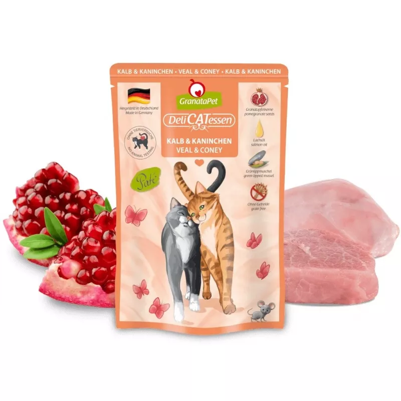 Comida húmida para gatos Fox4Pets DeliCATessen Vitela e Coelho 85 g saco, alimento completo, sem glúten e sem soja
