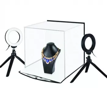 Fotobox com kit de luz anelar, 30x30x30 cm