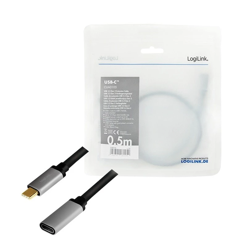 Cabo USB LogiLink USB 3.2 Gen 2 CUA0105 0,5 m USB-C preto cinzento