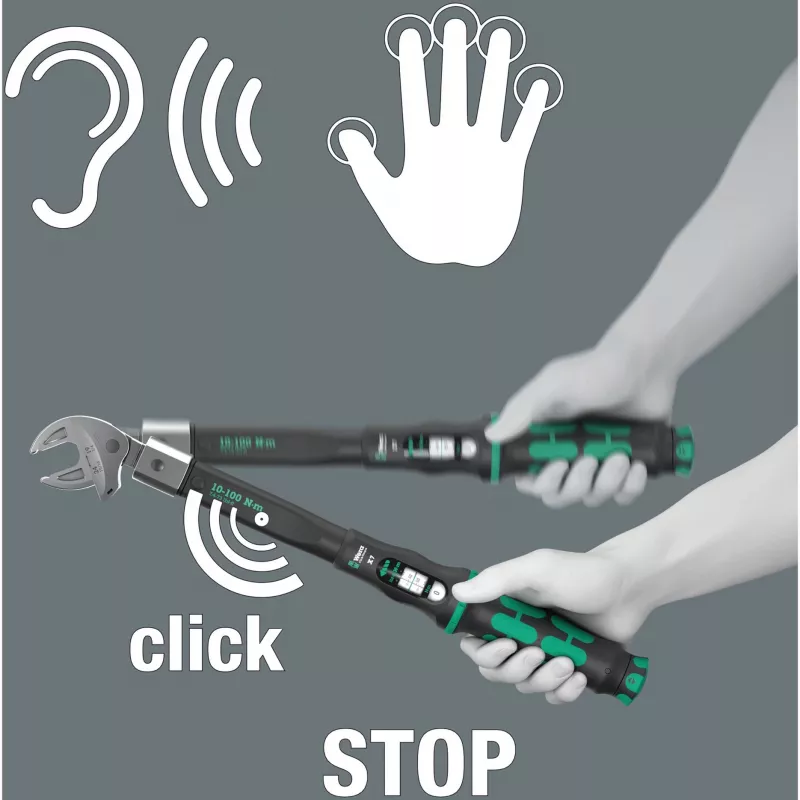Chave dinamométrica Wera Click-Torque X 7 com punho preto-verde, encaixe quadrado 14x18 mm