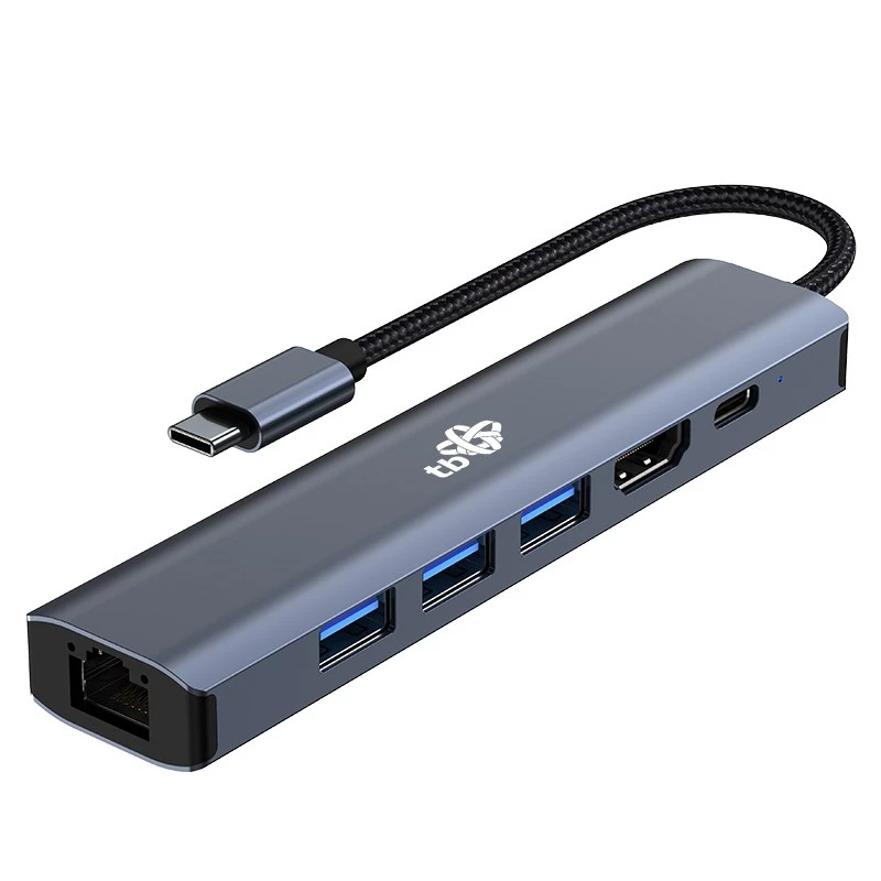 Adaptador HUB USB C 6in1 - HDMI, USBx3, PD, RJ-45