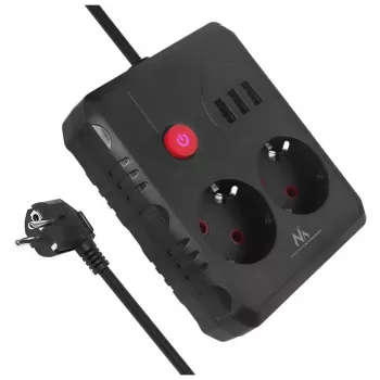 Extensão elétrica MACLEAN MCE388 B — 2 tomadas AC, 3×USB A, 110–120 V 50/60 Hz, 2500 W, cabo de 3 m, preto