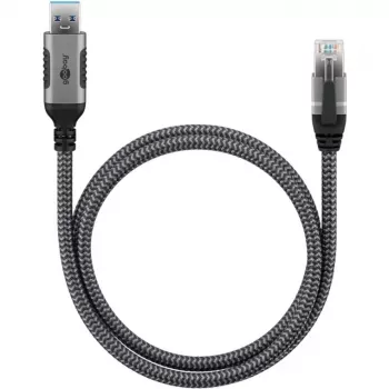 Cabo Ethernet USB-A 3.2 Gen1 macho > RJ-45 macho, adaptador LAN preto/prateado, 3 metros, revestimento têxtil entrançado