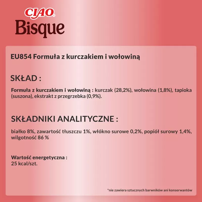 Snack húmido para gatos INABA Ciao bisque — frango com vaca, 40 g saqueta, sem cereais, sem açúcar