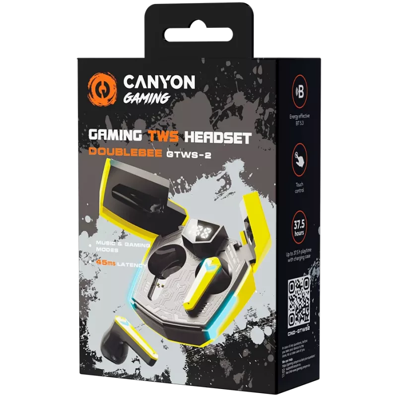 Auscultadores Canyon GTWS-2 sem fios Ear-Hook Gaming USB Type-C Bluetooth com dock de carregamento Amarelo (CND-GTWS2Y)