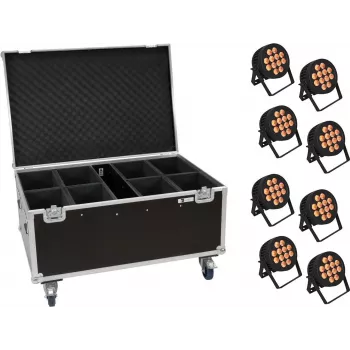 Conjunto de luzes LED-PAR EUROLITE 20000881 — 8 projetores, 12x8W QCL, inclui flightcase com rodas