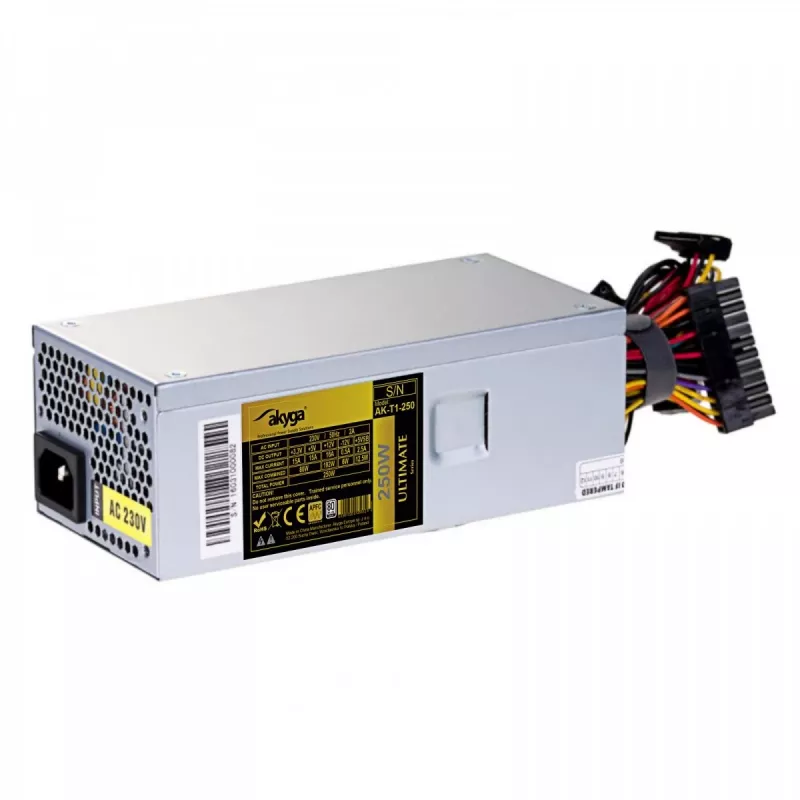Fonte de alimentação TFX Akyga AK-T1-250 250 W, 80 PLUS Gold, PFC ativo, ventoinha de 80 mm, cinzento