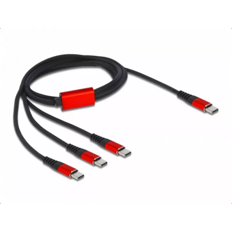 Cabo de carregamento USB DeLOCK 3 em 1 USB Type-C para 3 x USB Type-C 1 m preto/vermelho