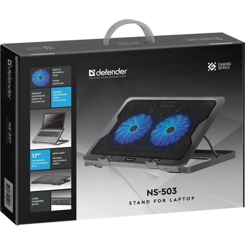 Base de arrefecimento para portátil DEFENDER NS-503 para portáteis até 43,2 cm (17 polegadas), 2 ventoinhas, alimentação USB, preta