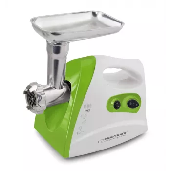 Picadora de carne ESPERANZA EKM012G — 600 W, lâmina de aço inoxidável, funil para salsichas, acessório para kebbe, marcha atrás, pés antiderrapantes, branco/verde