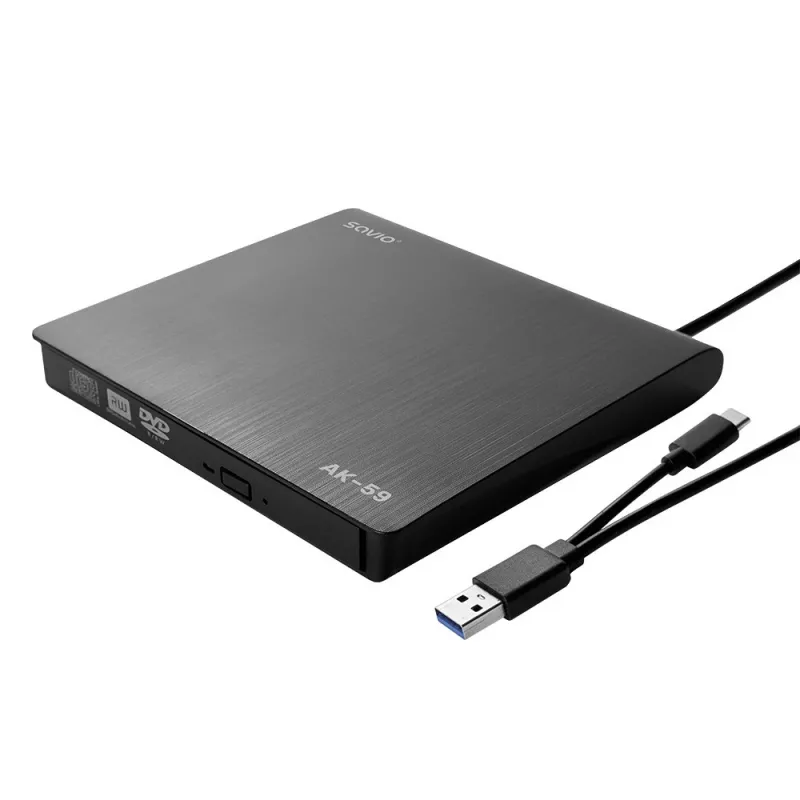 SAVIO AK-59 Gravador externo fino de CD/DVD R/RW - USB-C/USB-A, preto