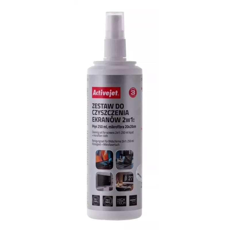 Panos de limpeza e líquido para equipamentos ActiveJet AOC-269, pano de microfibra 200x200 mm, spray 250 ml, 2 unid.