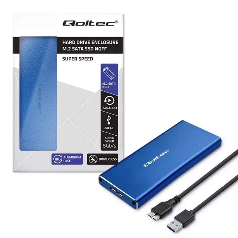 Caixa SSD QOLTEC 51832 — externa M.2 SATA, USB 3.0, até 2 TB, azul, suporta unidades de 30 mm, 4 slots