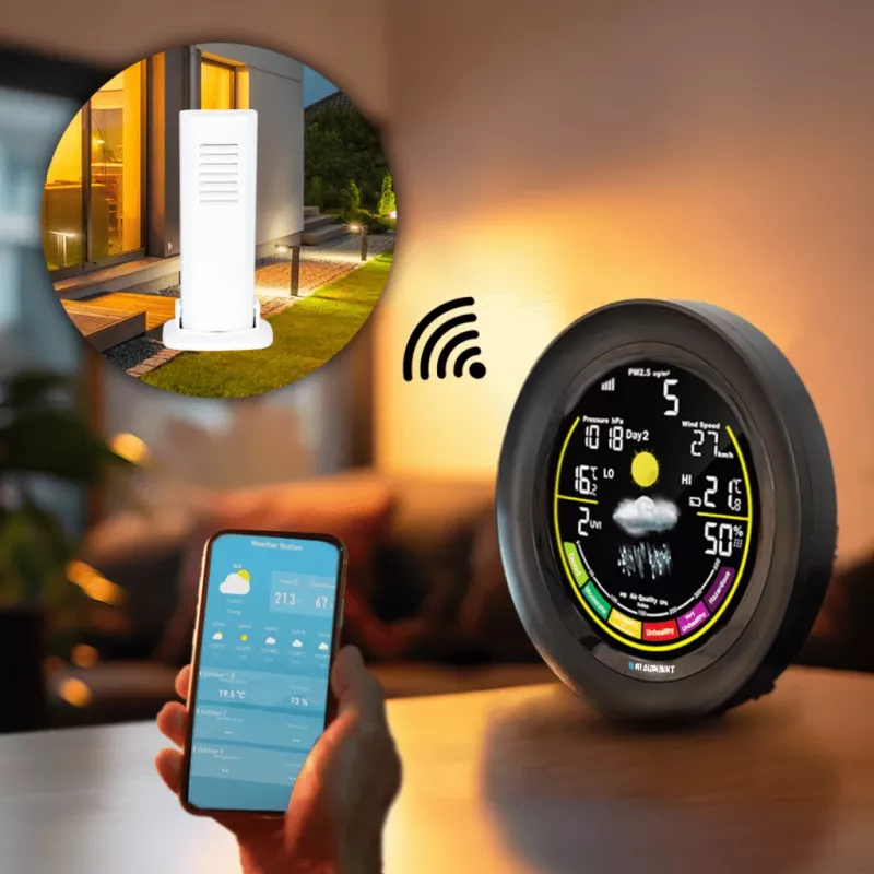 Estação meteorológica BLAUPUNKT WS35BK APP – ecrã LCD, temperatura e humidade, alarme, calendário, conectividade por app, 94×94×27 mm