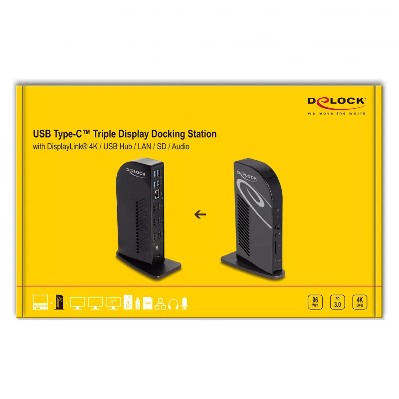 Estação de acoplamento DeLOCK USB Type-C Triple Display 4K Hub USB LAN Áudio PD 96W