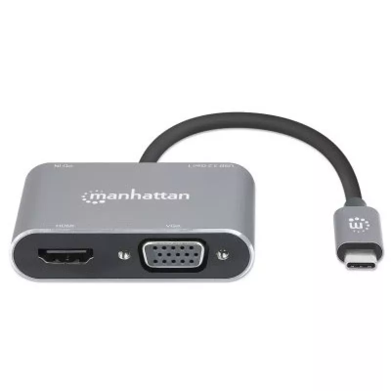 Docking station USB-C Manhattan, ligações (x4): HDMI, USB-A, USB-C e VGA, com Power Delivery (PD) 87W – carregador USB-C externo necessário (não incluído). Alimentado por USB (sem fonte de alimentação externa necessária) quando o PD não é utilizado, alumínio