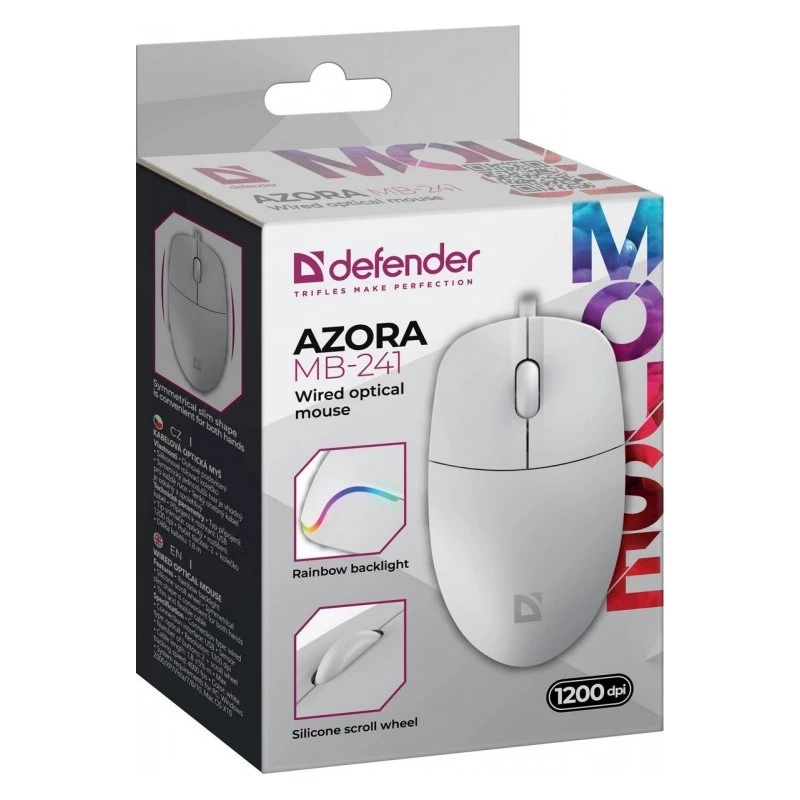Rato com fios DEFENDER AZORA MB-24 — rato ótico USB ambidestro, 1200 dpi, 3 modos de resolução, branco, 109×86×34 mm