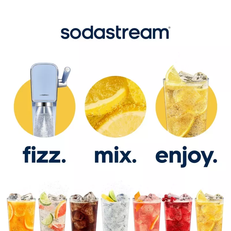 Máquina de gaseificar SODASTREAM Art Blue Steel — garrafa de plástico de 1 L, carbonatador de 60 L, 173×245×430 mm
