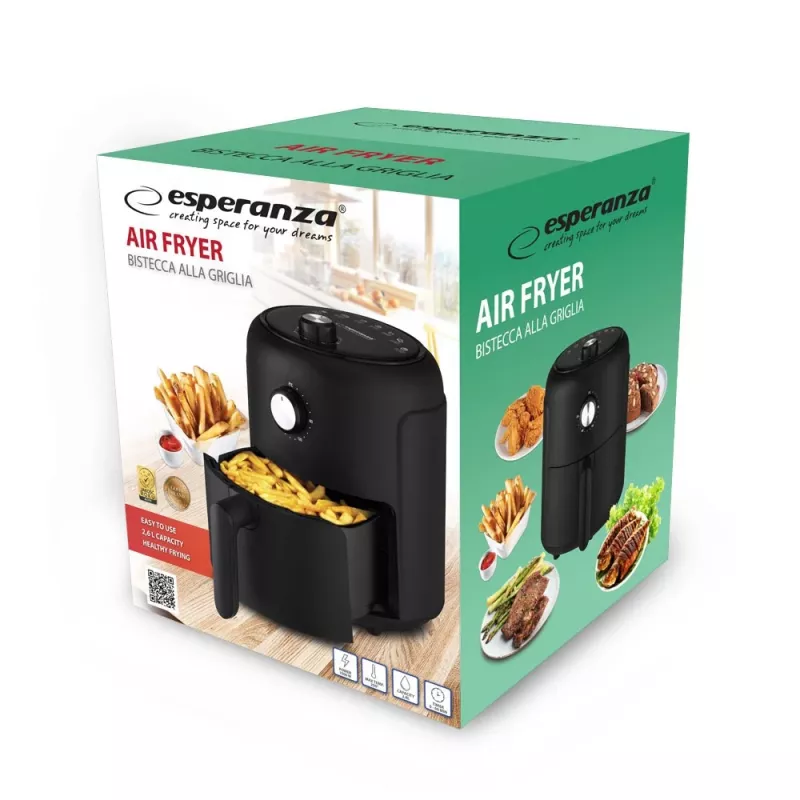 Fritadeira de ar quente ESPERANZA EKA001, 2,6 L, 1000 W, 7 programas, preta, compacta para a bancada