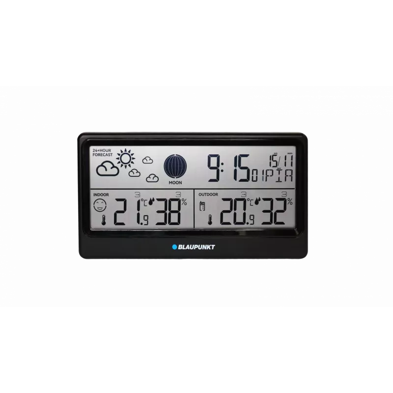 Estação meteorológica BLAUPUNKT WS20BK — visor de temperatura e humidade interior/exterior, preto, 1 sensor, LCD, a pilhas